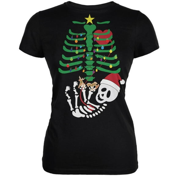 Christmas Tree Baby Skeleton Cookies Black Juniors Soft T-Shirt - Medium
