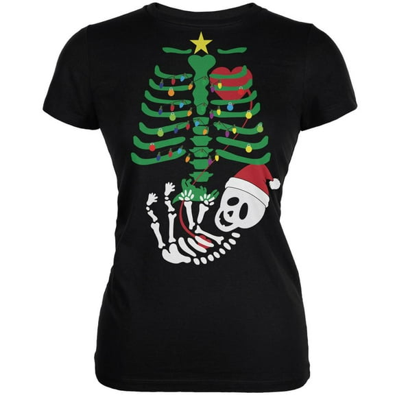 Christmas Tree Baby Skeleton Dinosaur Black Juniors Soft T-Shirt - Small