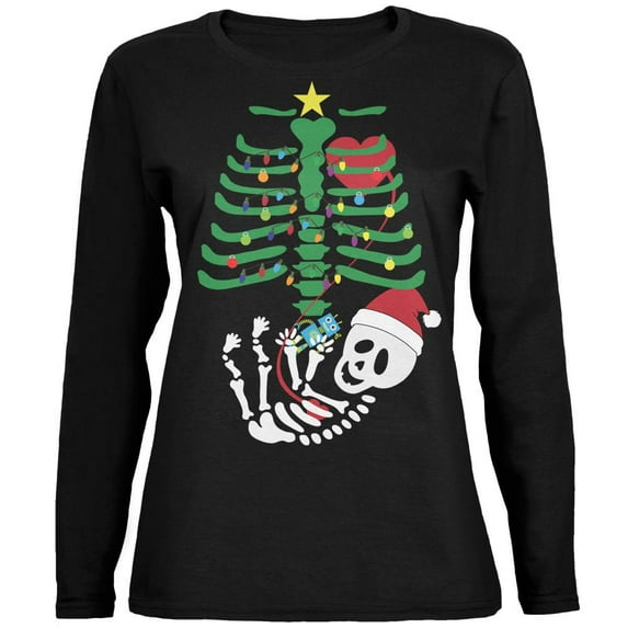 Christmas Tree Baby Skeleton Robot Black Womens Long Sleeve T-Shirt - Small
