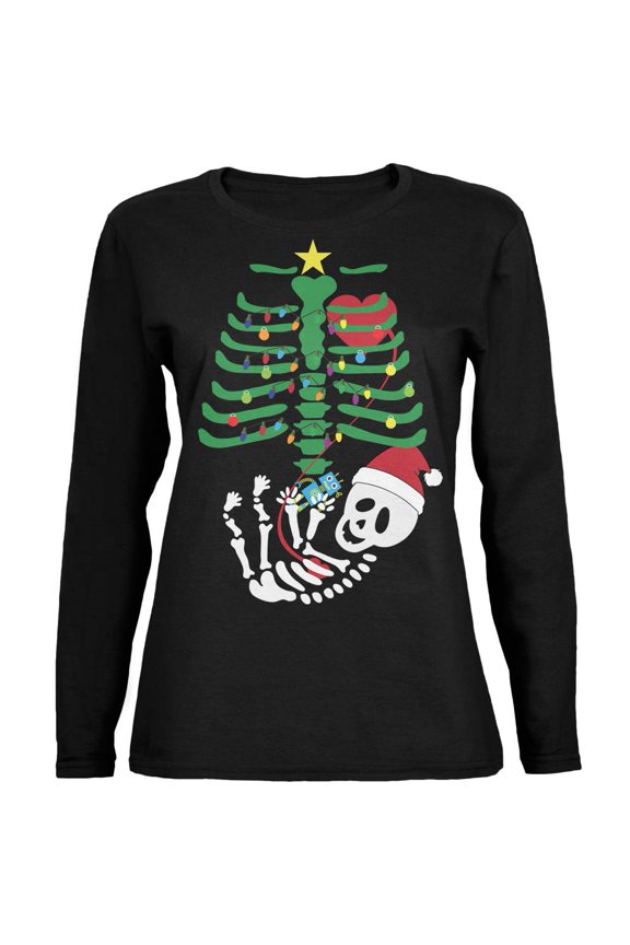 Christmas Tree Baby Skeleton Robot Black Womens Long Sleeve T-Shirt - Small
