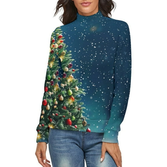 Christmas Tree Background Women's Turtleneck Sweater Long Sleeve Ribbed Fitted Turtle Neck Casual Fall Winter Collection Top 2XL