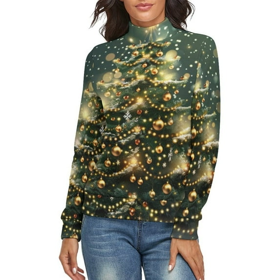 Christmas Tree Background Women's Turtleneck Sweater Long Sleeve Ribbed Fitted Turtle Neck Casual Fall Winter Collection Top XL