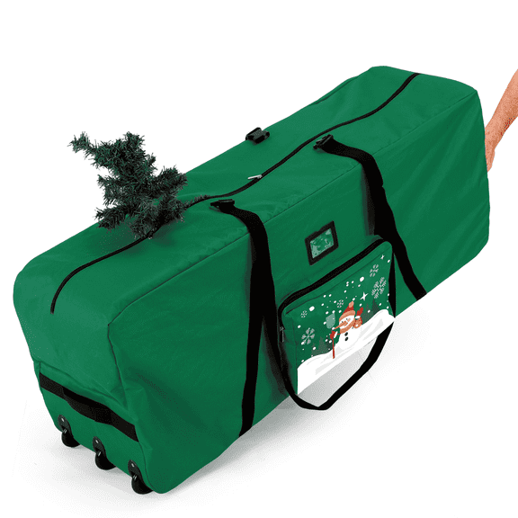 Christmas Tree Bag Patterned 9 FT Xmas Tree Storage Bag with 3 Rollers, Extra Pocket, Buckles and Handles Green