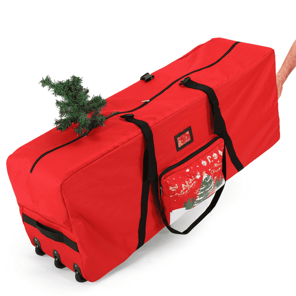 Christmas Tree Bag Patterned 9 FT Xmas Tree Storage Bag with 3 Rollers, Extra Pocket, Buckles and Handles Red