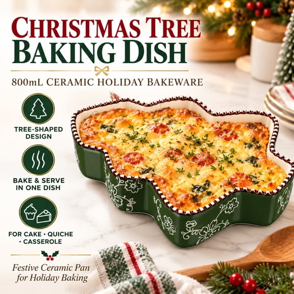 Christmas Tree Baking Dish 800mL Ceramic Christmas Baking Pan Tree Shaped Pie Dish for Cake Quiche Casserole Lasagna