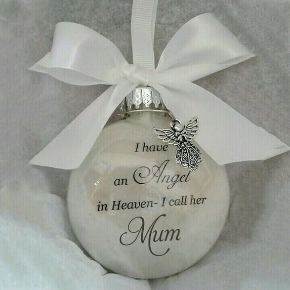 Vorkoi Christmas Tree Ball Ornaments Clear Feather Ball Angel Memorial Ornament I Have an Angel in Heaven I Call Her Mom - Family Memorial Loss of Loved One Hanging Pendant Xmas Tree Décor