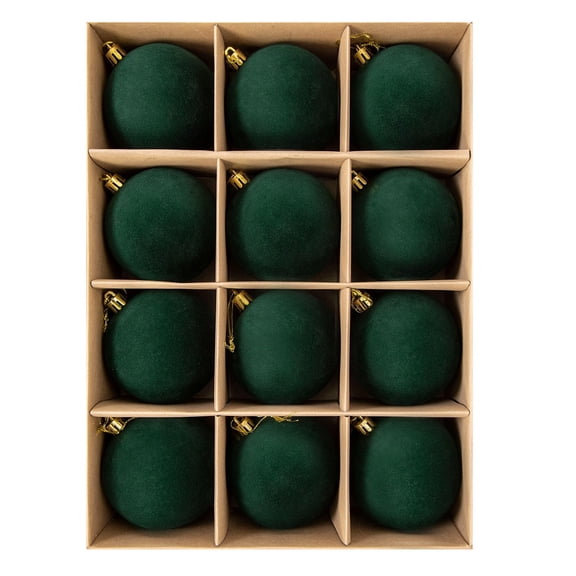 Christmas Tree Ball Ornaments Dark Green Flocked Velvet Hanging Balls 3.15 Inch 12 Pack with Gold Hanging Hooks for Holiday Tree Decor Party and Wedding Display