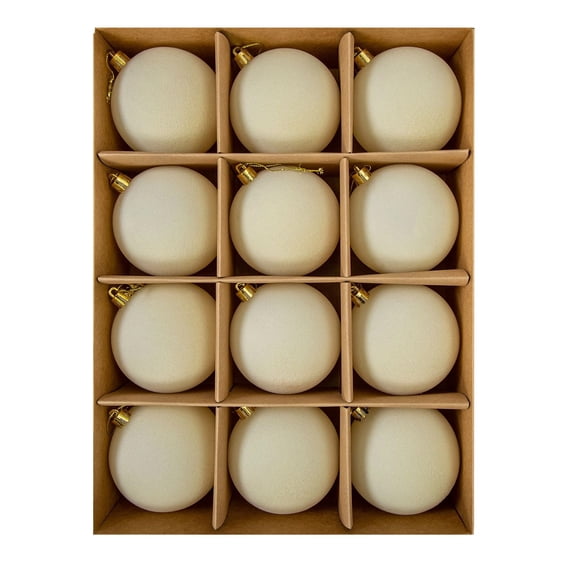 Christmas Tree Ball Ornaments Set, Flocked Velvet Texture Round Baubles,Multi Sizes, Assorted Solid Colors Beige Tone, 12 Pack Each, Indoor Holiday Wedding Home Party Decorations