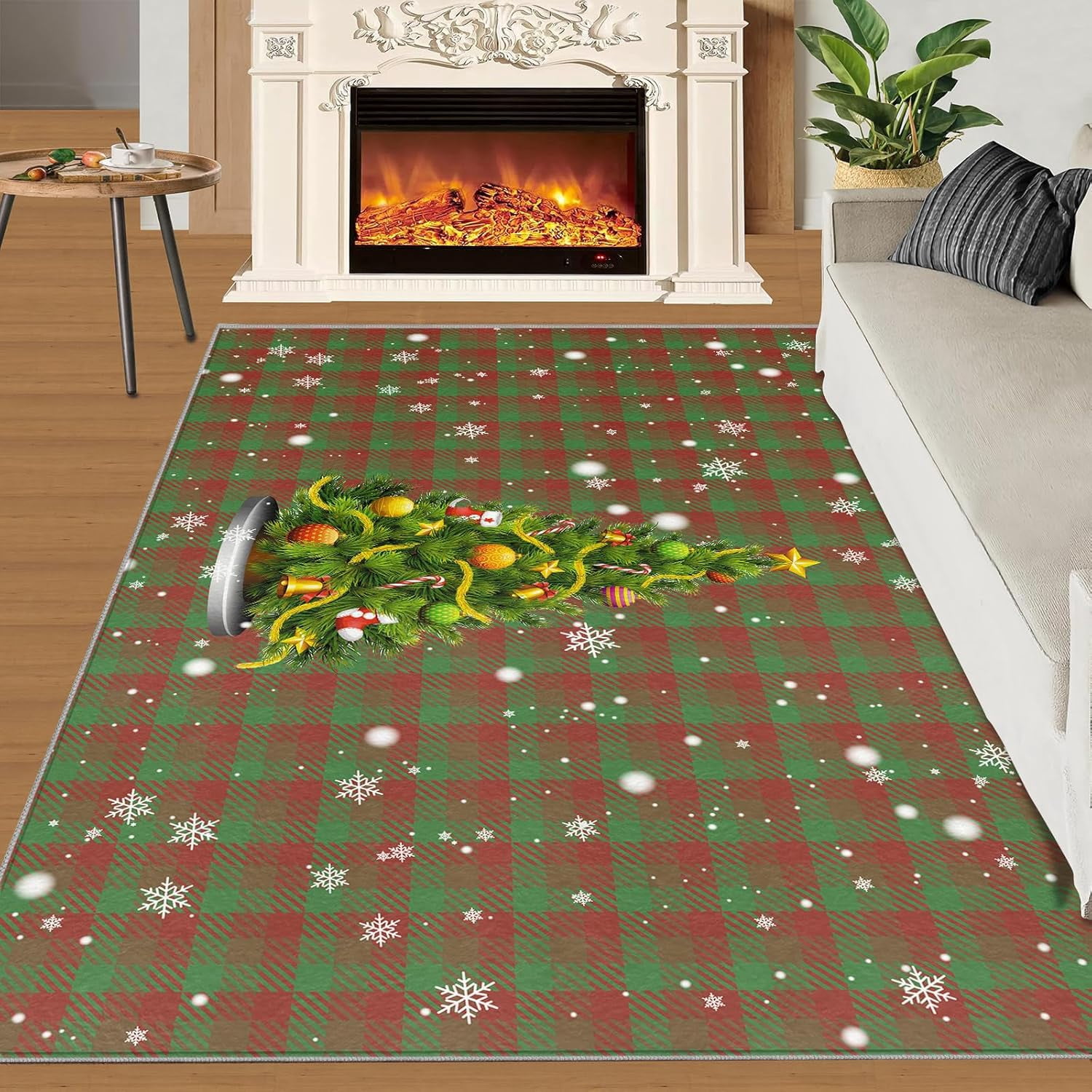 Christmas Tree Balls Area Rugs Red Green Plaid Fine Fluff Rug, No ...