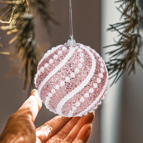 Christmas Tree Balls with Snow Powder Finish | 8cm Holiday Ornaments in Gold White Pink Blue | Set of 2 Small Hanging Decorations