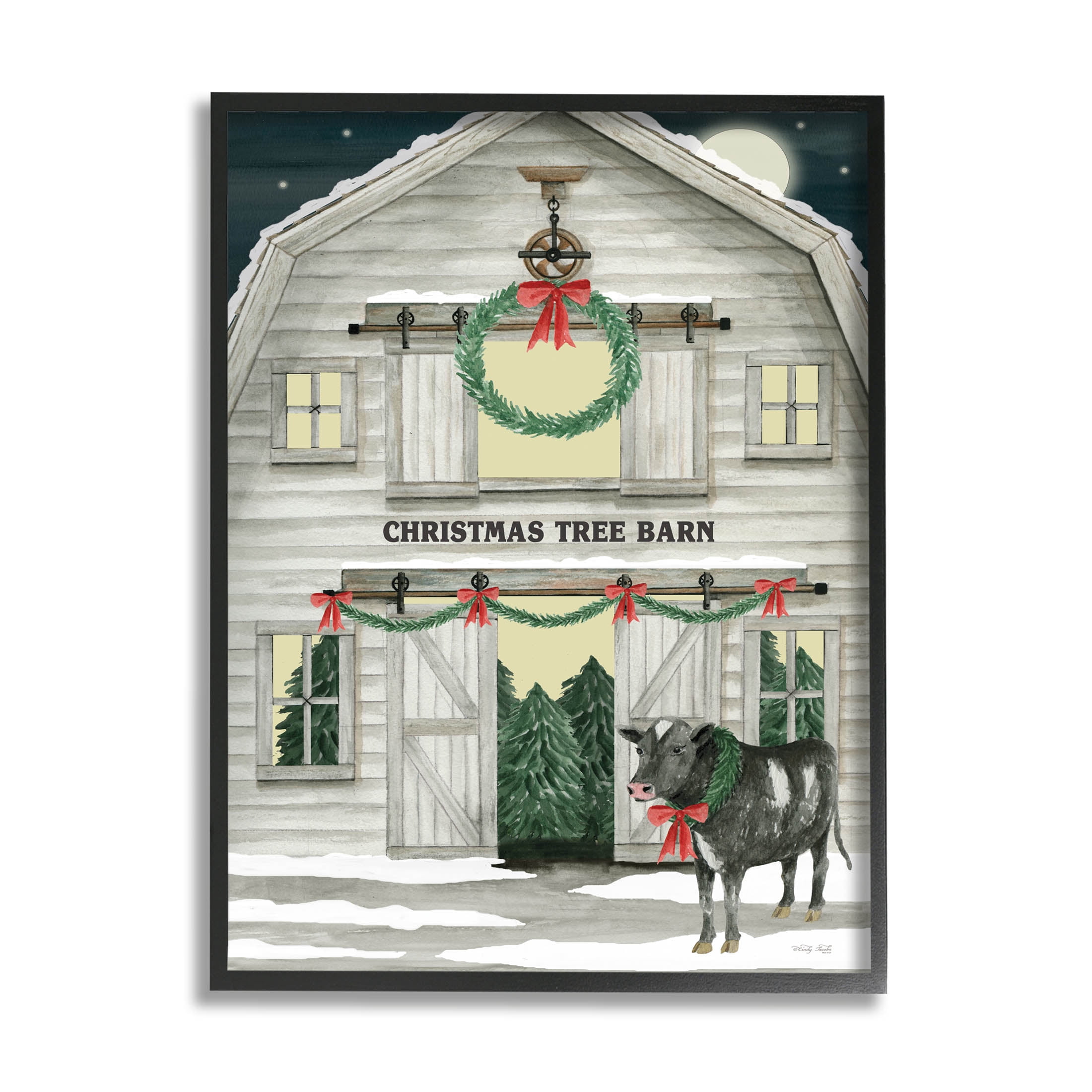 Christmas Tree Barn Rural Countryside Holiday Graphic Art Black Framed Art Print Wall Art