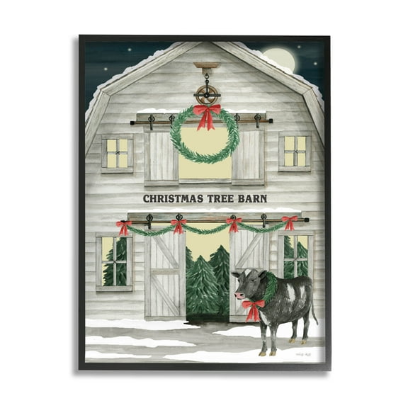 Christmas Tree Barn Rural Countryside Holiday Graphic Art Black Framed Art Print Wall Art