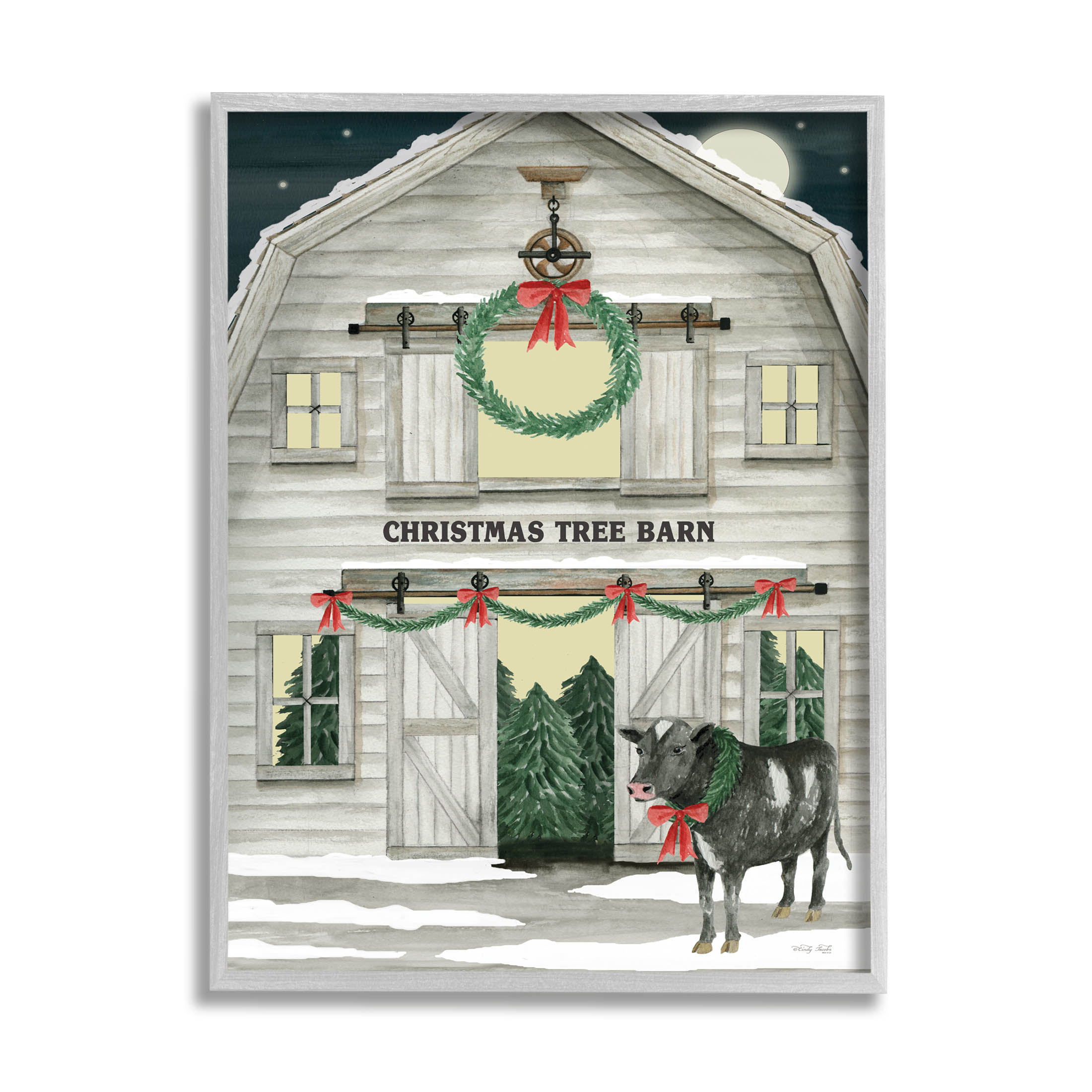 Christmas Tree Barn Rural Countryside Holiday Graphic Art Gray Framed Art Print Wall Art