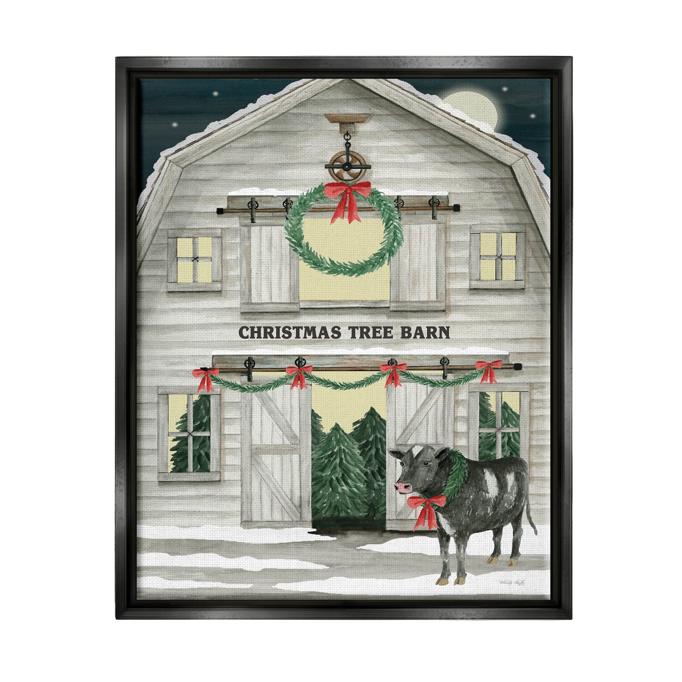 Christmas Tree Barn Rural Countryside Holiday Graphic Art Jet Black Framed Art Print Wall Art