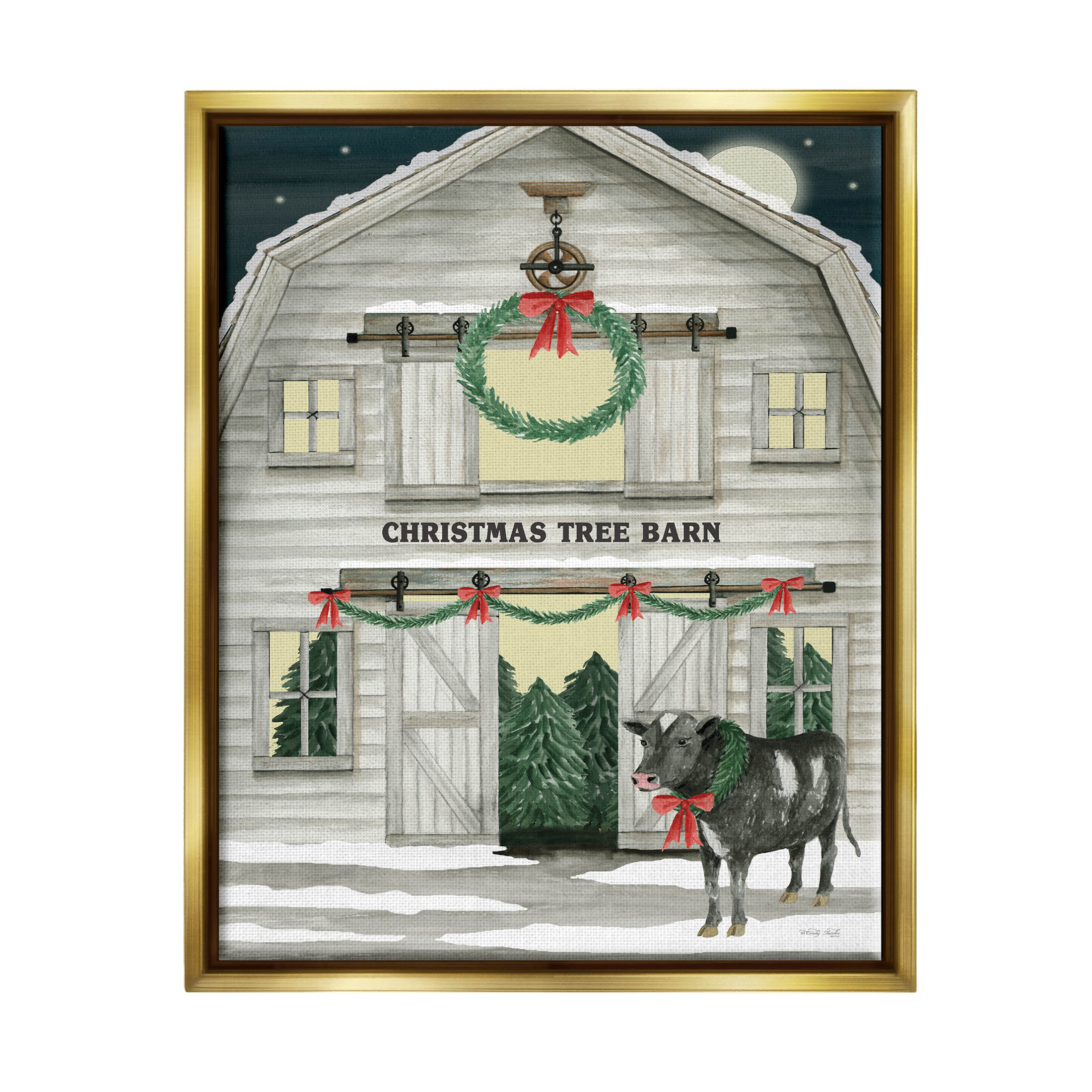 Christmas Tree Barn Rural Countryside Holiday Graphic Art Metallic Gold Framed Art Print Wall Art