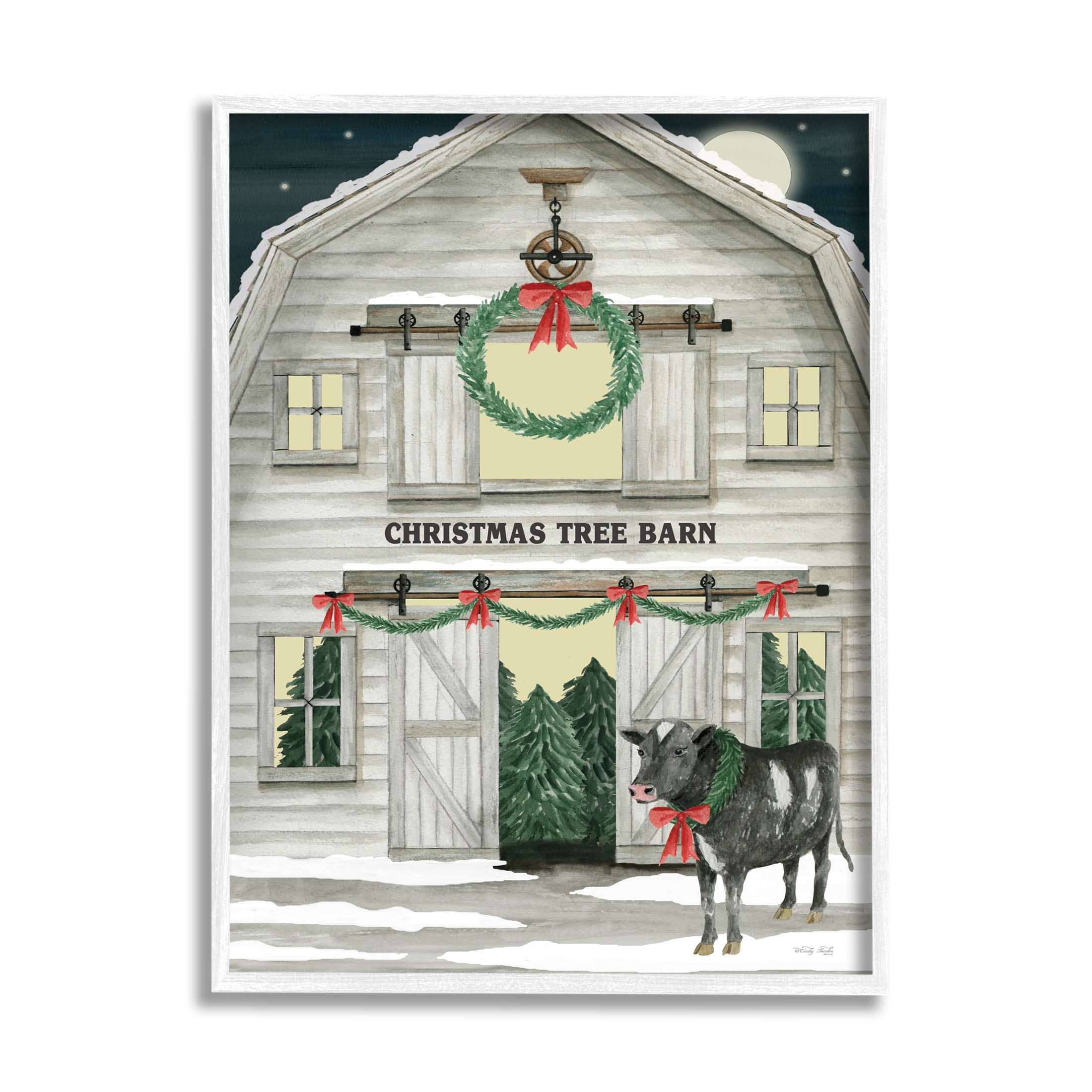 Christmas Tree Barn Rural Countryside Holiday Graphic Art White Framed Art Print Wall Art