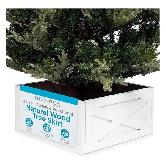 Christmas Tree Base Box Skirt, 22 Inch White Wash Wood | Farmhouse Holiday Decor | Sturdy Tree Collar | Disassembles for Easy Storage