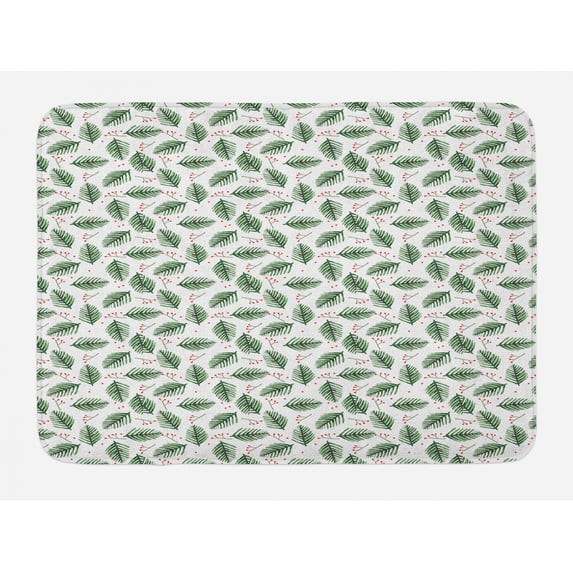 Christmas Tree Bath Mat, Painting Illustrations of Branches and Berries Watercolor Style, Plush Bathroom Decor Mat with Non Slip Backing, 29.5" X 17.5", Hunter Green and White, by Ambesonne