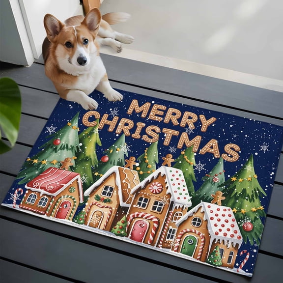 Christmas Tree Bathroom Mat 2x3 FT, Non Slip Small Kitchen Mat, Winter Snowflake Xmas Gingerbread Washable Soft Backed Front Door Throw Rug Non-Shedding Indoor Outdoor Doormat for Entryway Sink