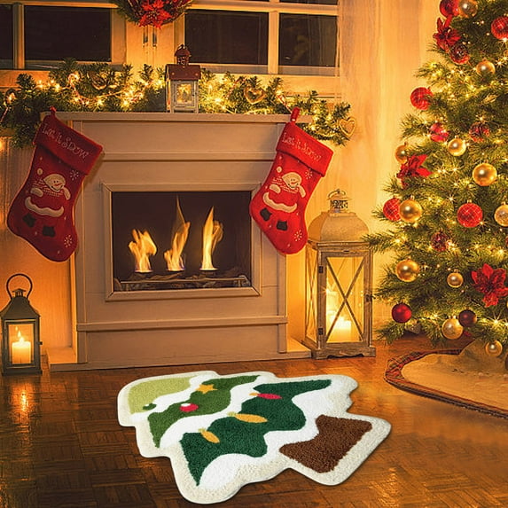 Christmas Tree Bathroom Rug, Absorbent Washable Green Bath Mat for Living Room Bedroom Shower Bathtub Holiday Party Indoor Xmas Carpet Decoration(A)