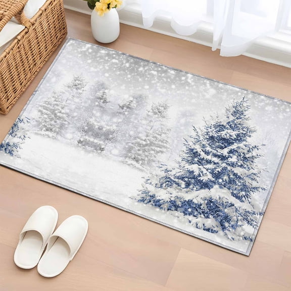Christmas Tree Bathroom Rug Washable 2x3 Entryway Rug Non Slip Blue Tree Xmas Snowflake Winter Front Door Mat Low Pile Indoor Doormat Throw Floor Carpet for Kitchen Bedroom Entrance