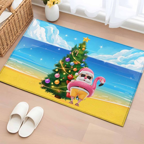 Christmas Tree Bathroom Rug Washable 2x3 Entryway Rug Non Slip Summer Santa Claus Blue Beach Coastal Front Door Mat Low Pile Indoor Doormat Throw Floor Carpet for Kitchen Bedroom Entrance
