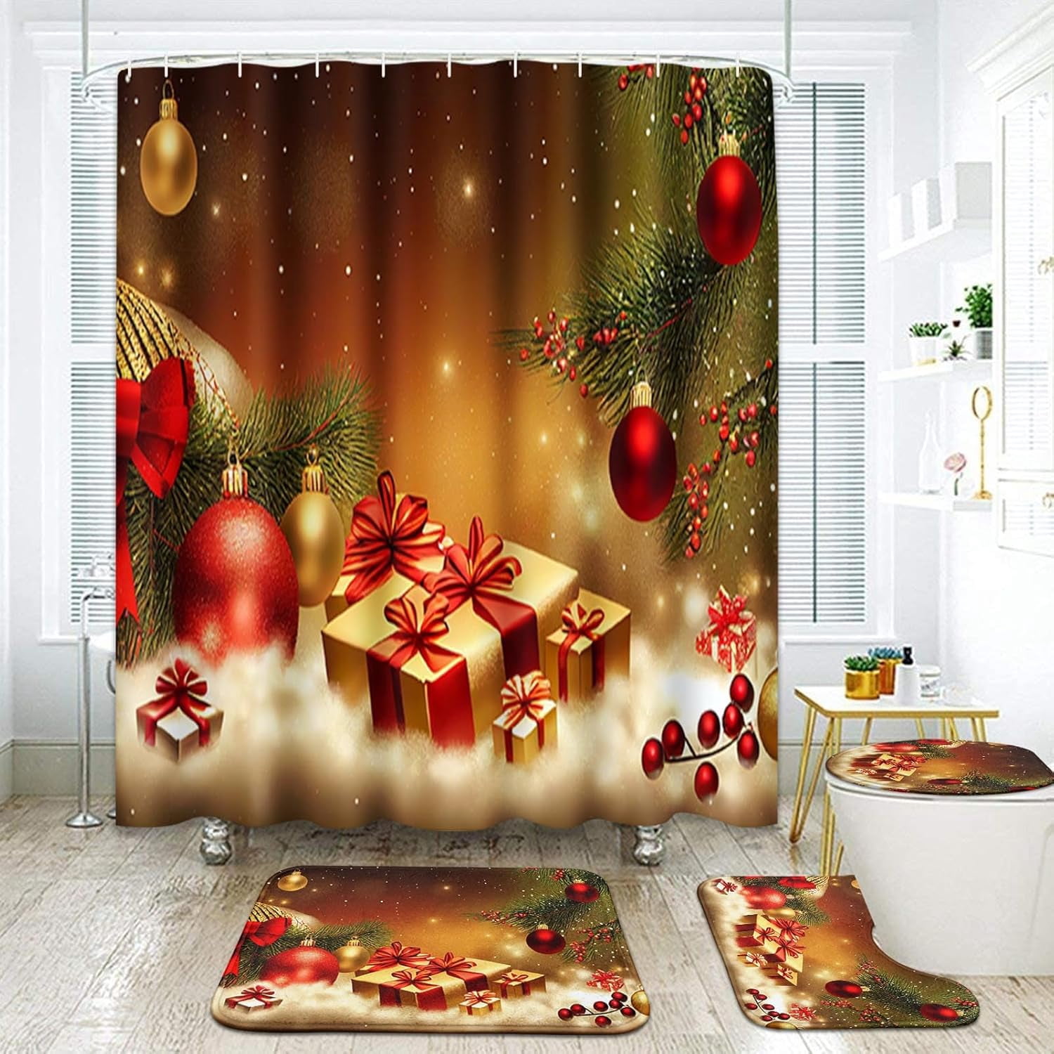 Christmas Tree Bathroom Sets with Shower Curtain and Rugs and Accessories, Winter Snow Space ...