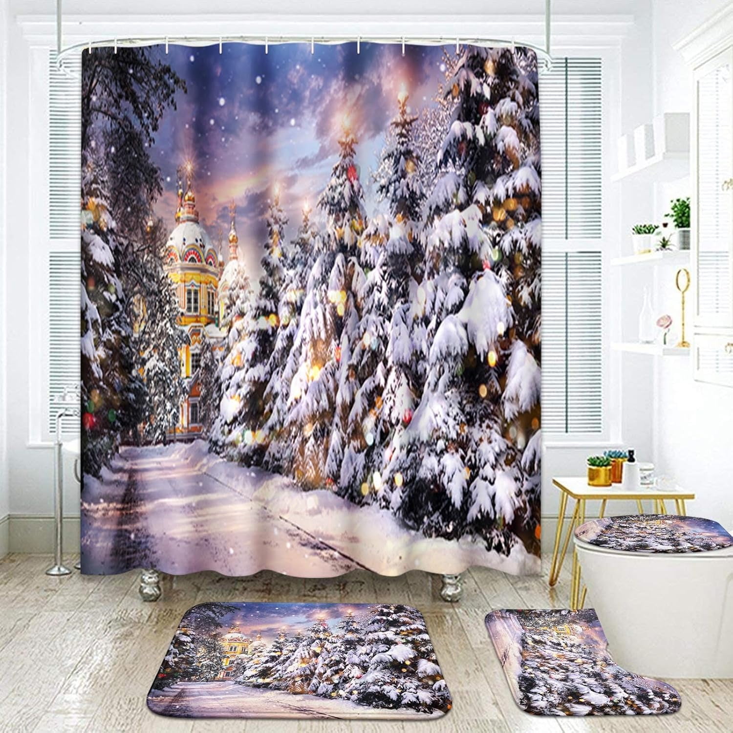 Christmas Tree Bathroom Sets with Shower Curtain and Rugs and Accessories, Winter Snow Xmas ...