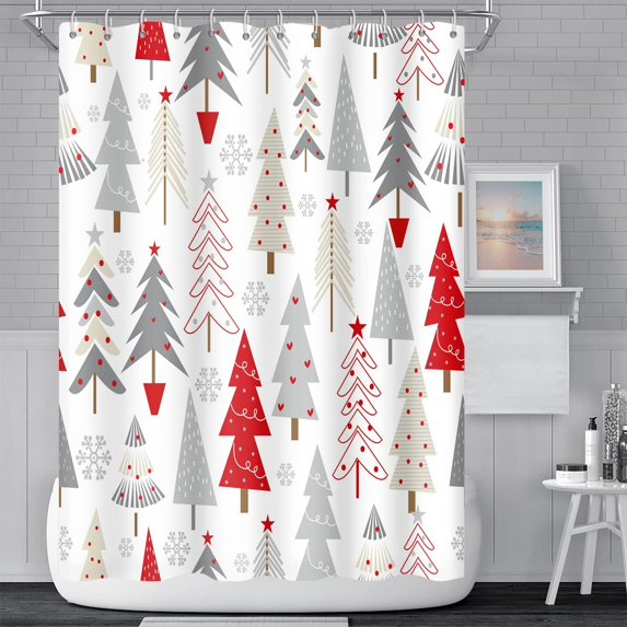 Christmas Tree Bathroom Shower Curtain Grey Pines Pattern Snowflakes Shower Curtain with Hooks Polyester Waterproof Fabric Xmas New Year Shower Curtain Decorative, 72x72 Inch