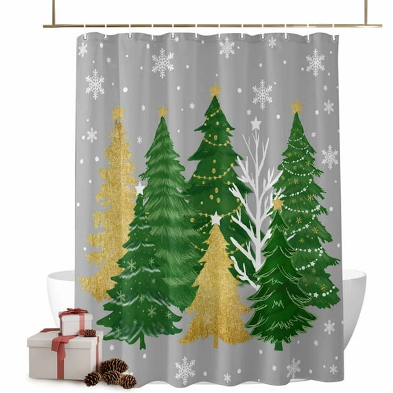 Christmas Tree Bathroom Shower Curtain Winter Snowflakes Green Gold Tree Grey Bottom Waterproof Washable Shower Curtains for Bathtub Bath Decor with Grommets and Hook 72 X 72 Inch