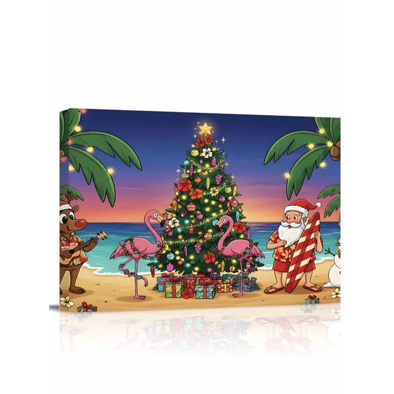 Christmas Tree Beach Canvas Print Wall Art Cartoon Santa Claus Flamigo Xmas Tree Gifts Beach Ocean Pictures Painting Morden Artwork for Living Room Bedroom, Ready to Hang - 12"x16"