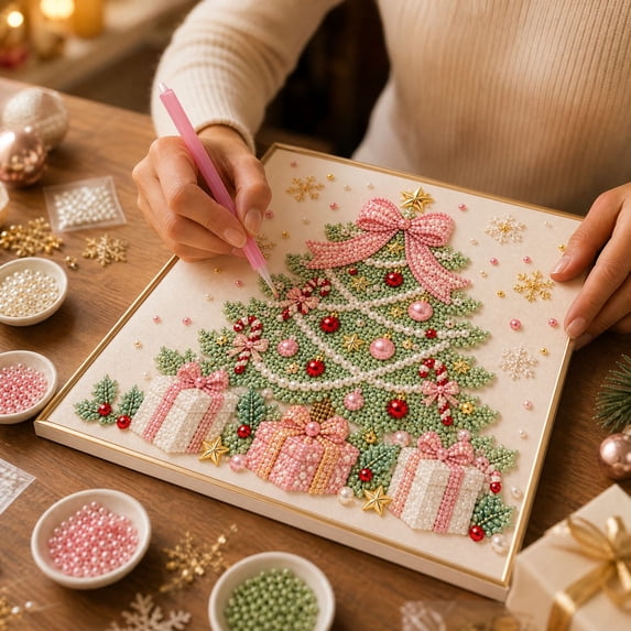 Christmas Christmas Tree Rhinestone Bead Art Kit, Printed Canvas DIY Craft Set, Stress‑Relieving Handmade Project for Home Wall Decoration
