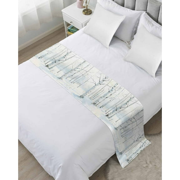 Christmas Tree Bed Runner for Full/ Queen Size Bed, White Xmas Snowflake Watercolor Bedspread Protector Slipcover Bed Scarf for Foot Bed Runners & Scarves for Bedroom Hotel Wedding Room 83x20 Inches