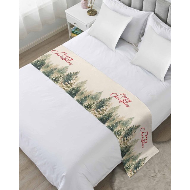 Christmas Tree Bed Runner for King Size Bed, Watercolor Green Xmas Tree