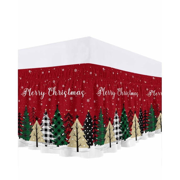 Christmas Tree Bed Skirt Winter Snowflae Red Bed Skirts King Size 16 Inch Drop, Wrap Around Dust Ruffle Bedskirt with Adjustable Elastic Belt for Queen Size Beds