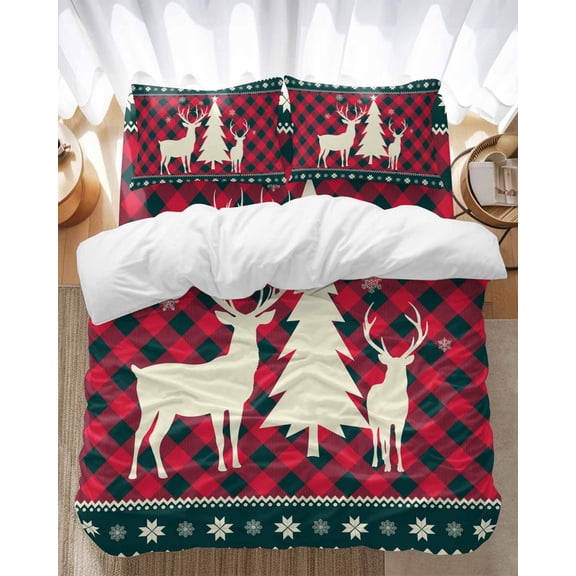 Christmas Tree Bedding Duvet Cover Set Full Size 4 Pieces Elk Reindeer Red Checkered Plaid Bedding Set with Zipper Closure, 1 Comforter Cover 86x86 Inches 1 Flat Sheet & 2 Pillow Cases
