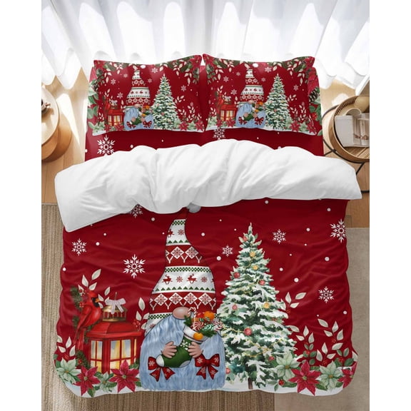 Christmas Tree Bedding Duvet Cover Set Full Size 4 Pieces Gift Dwarf Red Flowers Snowflakes Bedding Set with Zipper Closure, 1 Comforter Cover 86x86 Inches 1 Flat Sheet & 2 Pillow Cases