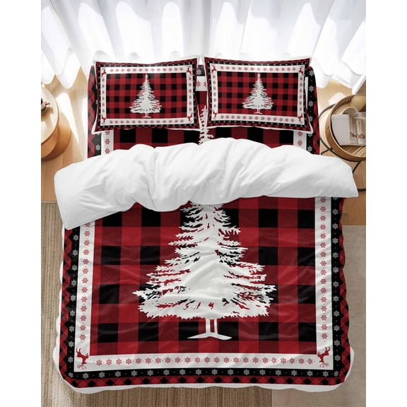 Christmas Tree Bedding Duvet Cover Set Twin Size 4 Pieces Black and Red Buffalo Check Bedding Set with Zipper Closure, 1 Comforter Cover 68x86 Inches 1 Flat Sheet & 2 Pillow Cases