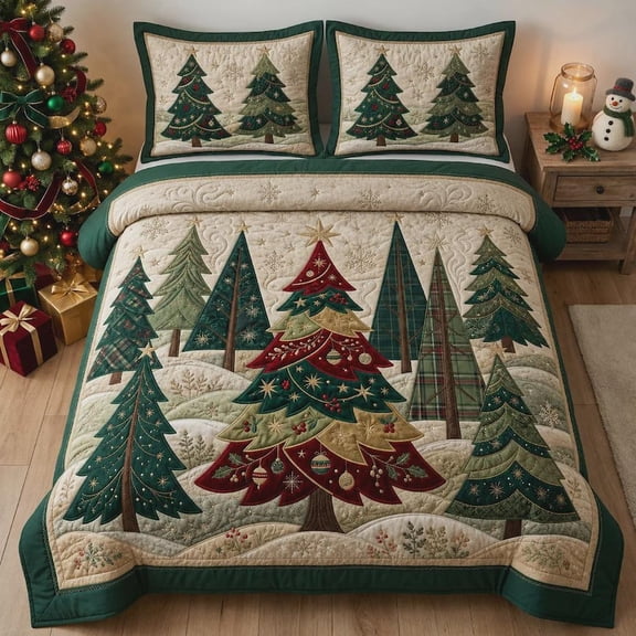 Christmas Tree Bedspread, Holiday Bedding, Farmhouse Quilt, Rustic Xmas Bedroom Decor, Winter Gift