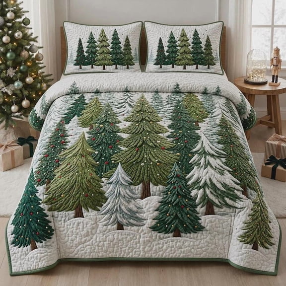 Christmas Tree Bedspread, Winter Forest Bedding, Holiday Quilt, Farmhouse Christmas Decor, Xmas Gift