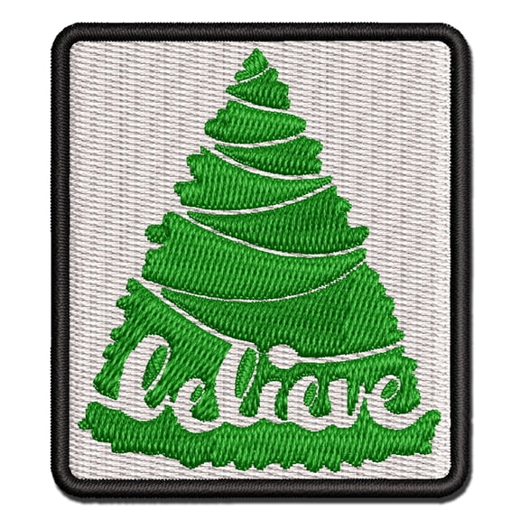 Christmas Tree Believe Applique Multi-Color Embroidered Iron-On Patch - 2.0 Inch Mini