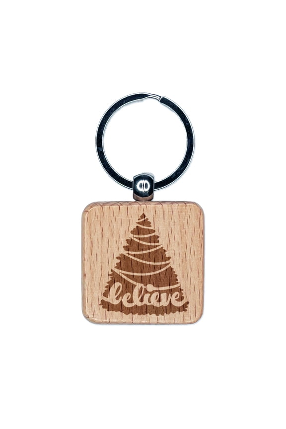 Christmas Tree Believe Square Keychain Charm Tag - Engraved Wood