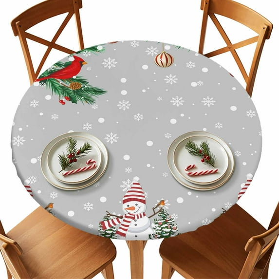 Christmas Tree Bell Bird Fitted Round Tablecloths Elastic Edged Table Covers 55"-60",Waterproof Table Cloth for Kitchen Holiday Party Tables Decor
