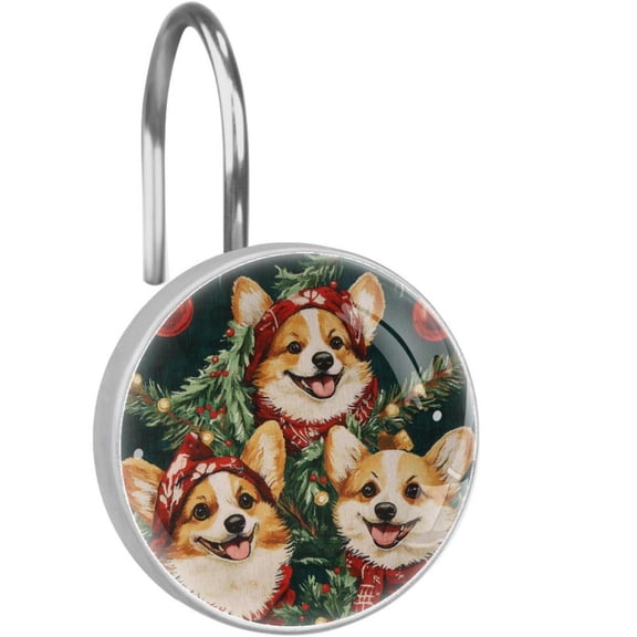 Christmas Tree Bells Corgis Shower Curtain Hooks Round Crystal Glass, Set of 12 Shower Curtain Rings - Shower Hooks for Curtain Shower Rings
