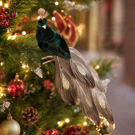 Christmas Tree Bird Ornament, Clip on Feathered Bird with Foam Construction, Artificial Peacock Decoration for Holiday Tree, Wreath, and Mantel Accent, 7.87 Inch