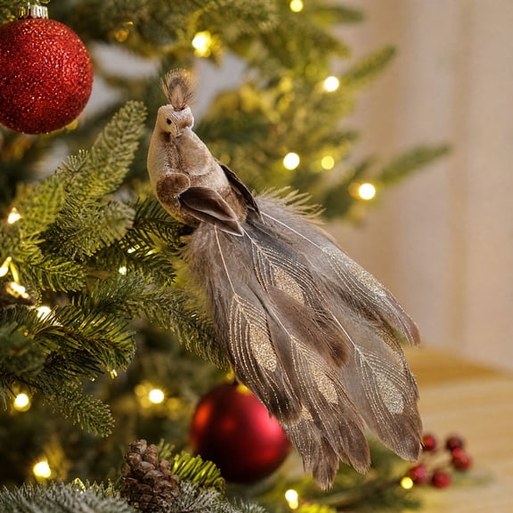 Christmas Tree Bird Ornament, Clip on Feathered Bird with Foam Construction, Artificial Peacock Decoration for Holiday Tree, Wreath, and Mantel Accent, 7.87 Inch