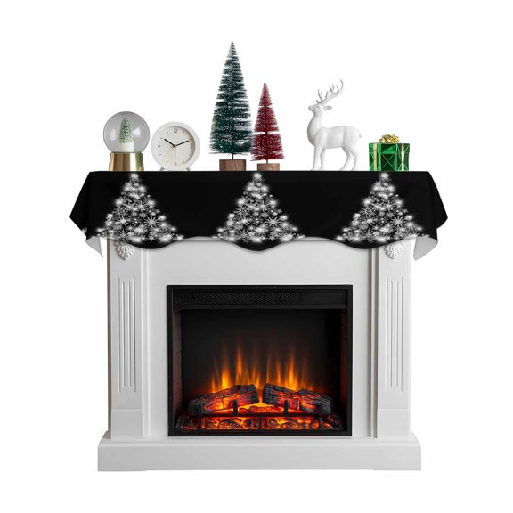 Christmas Tree Black Mantel Scarf Fireplace Decorations for Living Room, Snowflakes Shining Xmas Tree Fireplace Mantel Scarf Cover Runner for Halloween/Thanksgiving/Christmas Decor 60"x17"