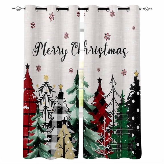 Christmas Tree Blackout Curtains 45 Inches Long for Bedroom, Winter Snowflake Plaid Xmas Trees Thermal Insulated Room Darkening Black Out Window Curtain Panels Grommet Drapes for Living Room