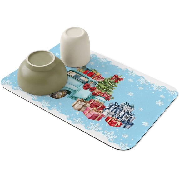 Christmas Tree on Blue Bow Truck Dish Drying Mat,Absorbent Diatomaceous ...