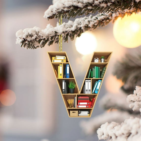 Christmas Tree Book Ornaments Letter Shaped Bookshelf Pendant, 26 Letters Christmas Tree Shape Bookshelf Pendant,Personalized Gifts For Book Lovers, Book Lover'S Tree Ornament Flat Printed Ornament